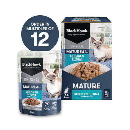Black Hawk Mature Cat 7+ Chicken and Tuna in Gravy Pouches