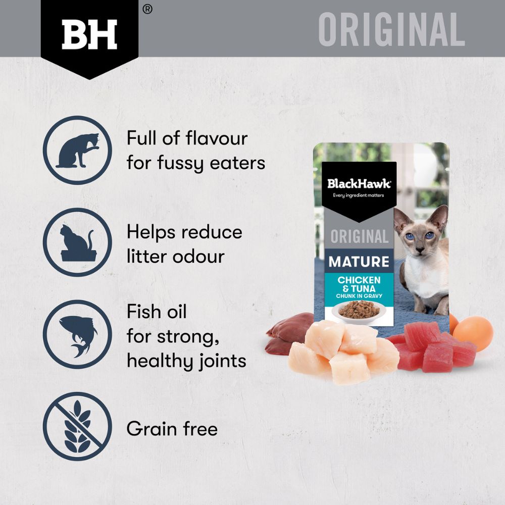 Black Hawk Mature Cat 7+ Chicken and Tuna in Gravy Pouches