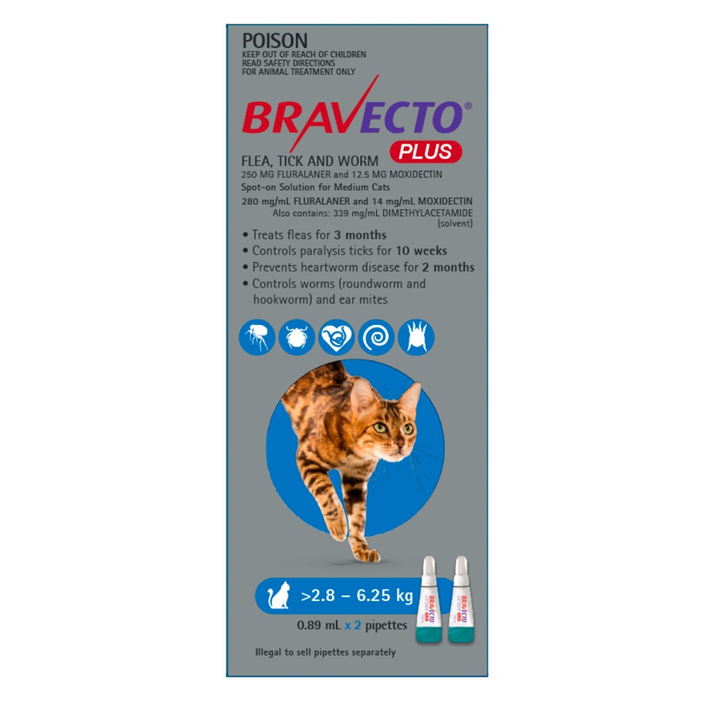 Bravecto Plus Medium Cat 2.8-6.25kg Blue