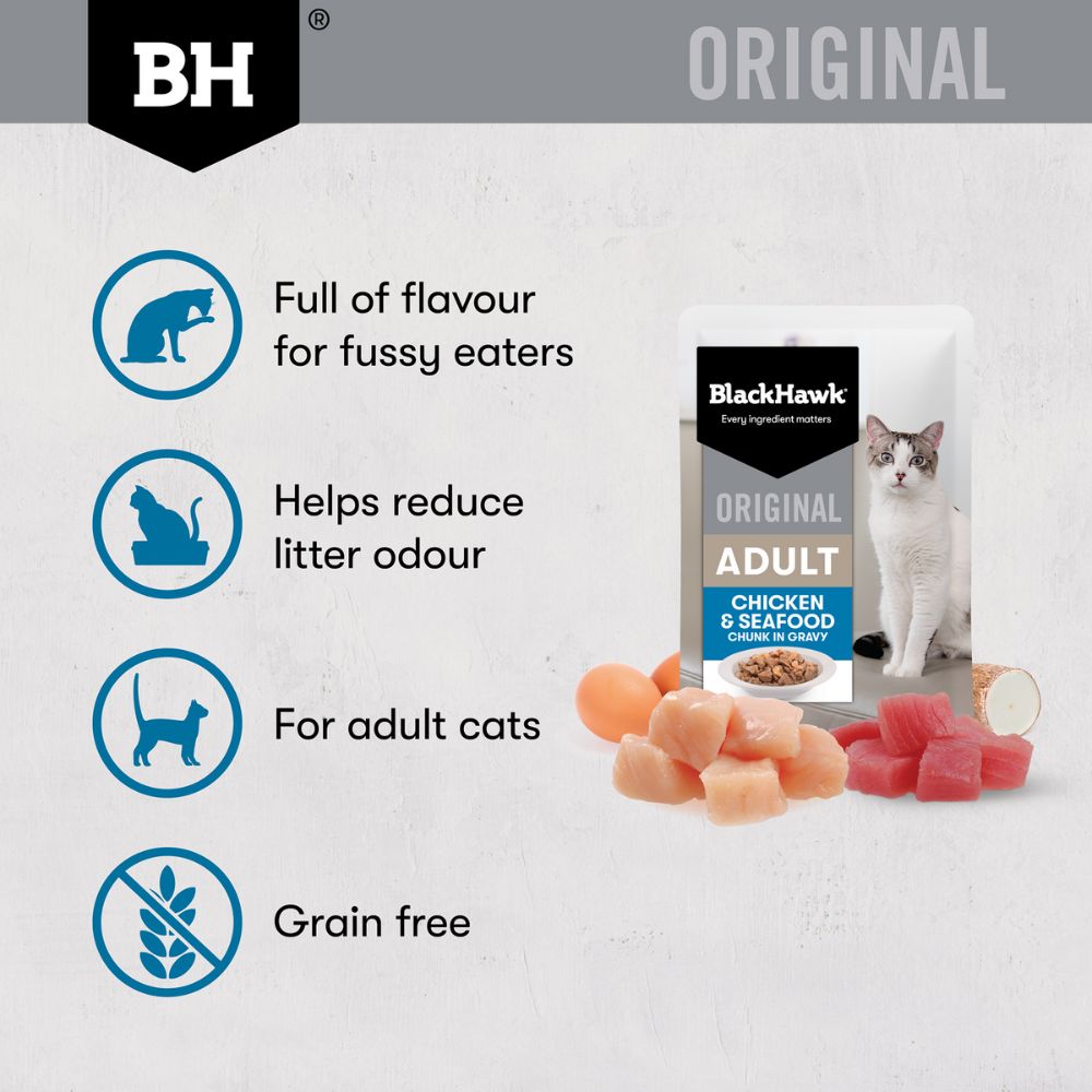 Black Hawk Adult Cat Chicken and Seafood in Gravy Pouches